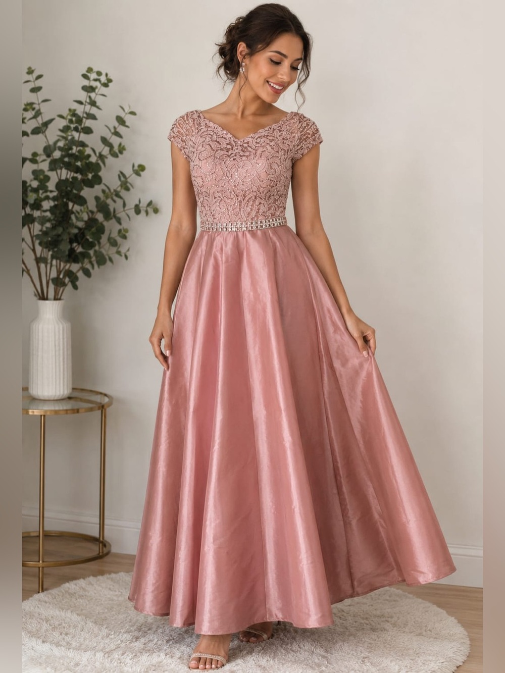 Elegant Rose Pink Lace A-Line Evening Dress - Picture 9 of 10